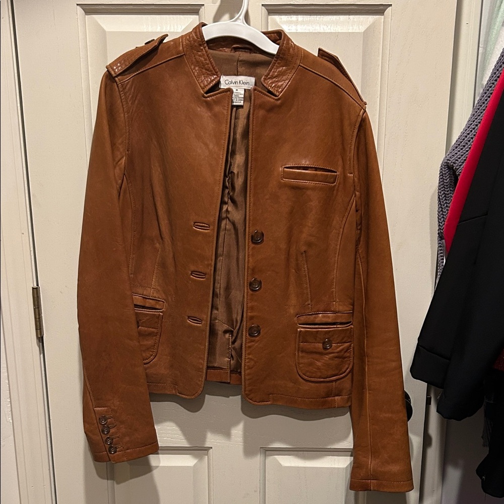 Calvin Klein Chestnut Brown Leather Button Jacket